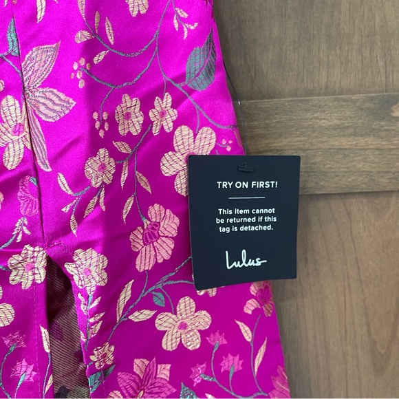 Lulus Make a Move Magenta Satin Floral Jacquard Strapless Midi Dress - Picture 7 of 7